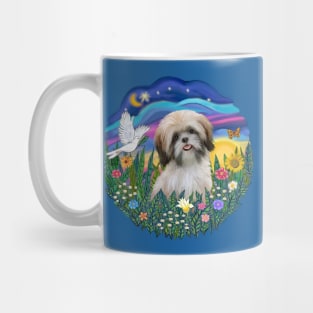 "Sunrise Garden" with a Cream and Brown Shih Tzu Mug